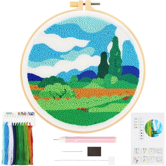 Punch Needle Starter Kit for Beginners, Landscape Stamped Punch Needle Embroidery Kit, DIY Art Handmade Craft Embroidery Set with Tool and Instruction for Home Decor, Craft Gifts
