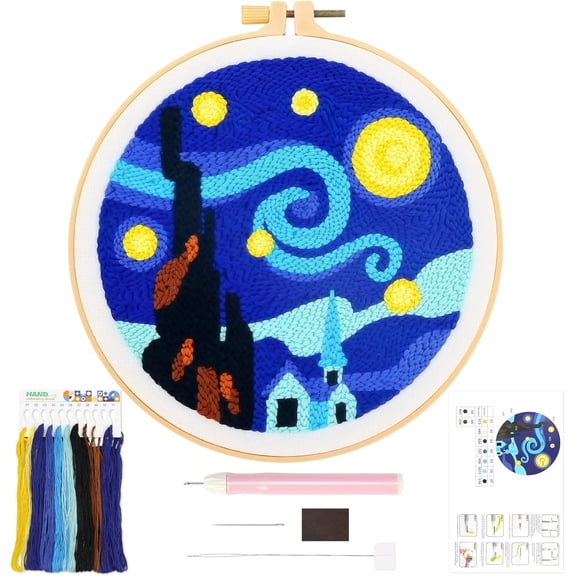 Punch Needle Starter Kit for Beginners, Van Gogh Art Stamped Punch Needle Embroidery Kit, DIY Art Handmade Craft Embroidery Set with Tool and Instruction for Home Decor, Craft Gifts