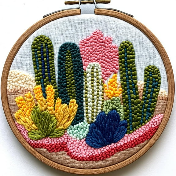 Punch Needle kits Abstract Cactus and Succulent Easy for Beginners DIY Punch Needle Yarn Starter Embroidery Set for Craft lovers with Printed Pattern and Hoop for Home Decor 20x20cm(3)