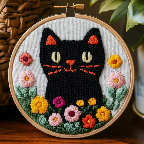 Punch Needle kits Abstract Cartoon Black Cat in Flowers Easy for Beginners DIY Punch Needle Yarn Starter Embroidery Set for Craft lovers with Printed Pattern and Hoop for Home Decor 20x20cm(1)