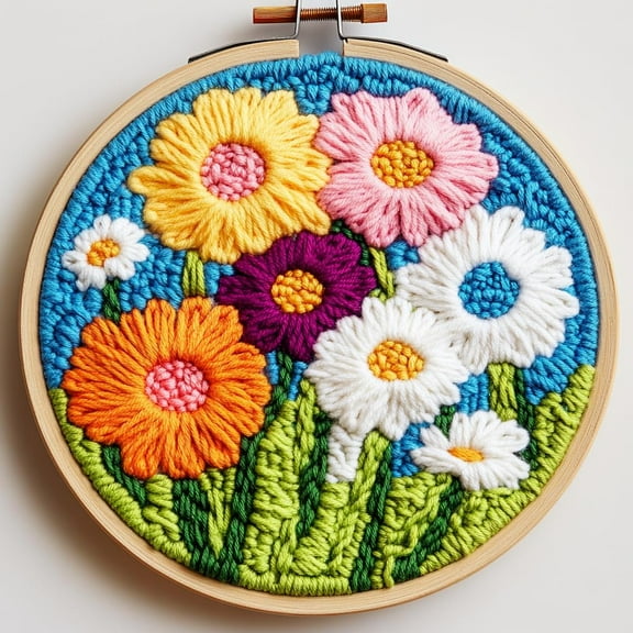 Punch Needle kits Abstract Colorful Daisy Flowers Easy for Beginners DIY Punch Needle Yarn Starter Embroidery Set for Craft lovers with Printed Pattern and Hoop for Home Decor 20x20cm(2)
