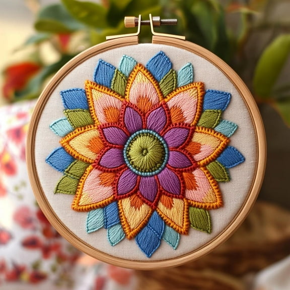 Punch Needle kits Abstract Colorful Mandala Flower Easy for Beginners DIY Punch Needle Yarn Starter Embroidery Set for Craft lovers with Printed Pattern and Hoop for Home Decor 20x20cm(11)
