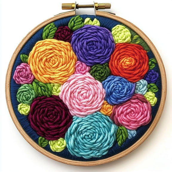 Punch Needle kits Abstract Colorful Roses Easy for Beginners DIY Punch Needle Yarn Starter Embroidery Set for Craft lovers with Printed Pattern and Hoop for Home Decor 20x20cm