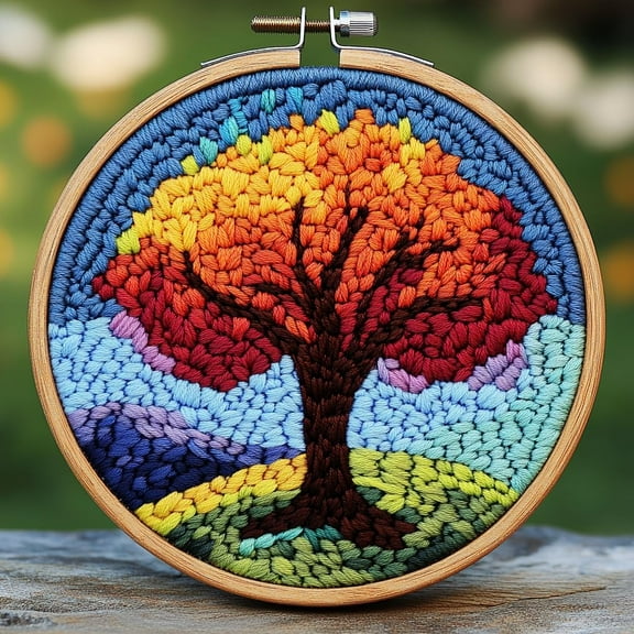 Punch Needle kits Abstract Colorful Tree Easy for Beginners DIY Punch Needle Yarn Starter Embroidery Set for Craft lovers with Printed Pattern and Hoop for Home Decor 20x20cm(2)