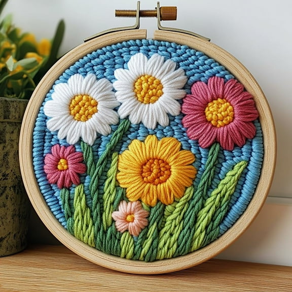 Punch Needle kits Abstract Cute Daisy Flower Easy for Beginners DIY Punch Needle Yarn Starter Embroidery Set for Craft lovers with Printed Pattern and Hoop for Home Decor 20x20cm(15)