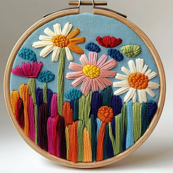 Punch Needle kits Abstract Cute Daisy Flower Easy for Beginners DIY Punch Needle Yarn Starter Embroidery Set for Craft lovers with Printed Pattern and Hoop for Home Decor 20x20cm(22)