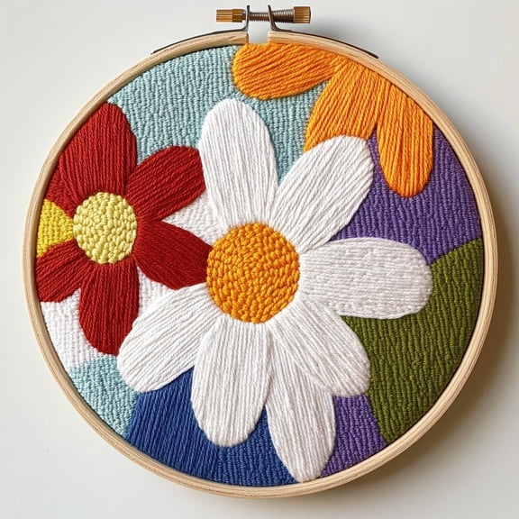 Punch Needle kits Abstract Cute Daisy Flower Easy for Beginners DIY Punch Needle Yarn Starter Embroidery Set for Craft lovers with Printed Pattern and Hoop for Home Decor 20x20cm(25)