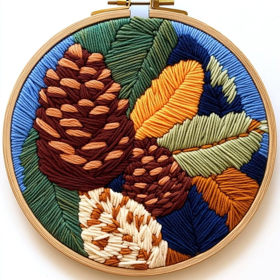 Punch Needle kits Abstract Pine Cones and Leaves Easy for Beginners DIY Punch Needle Yarn Starter Embroidery Set for Craft lovers with Printed Pattern and Hoop for Home Decor 20x20cm(3)