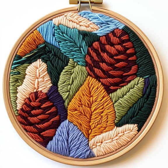Punch Needle kits Abstract Pine Cones and Leaves Easy for Beginners DIY Punch Needle Yarn Starter Embroidery Set for Craft lovers with Printed Pattern and Hoop for Home Decor 20x20cm(10)