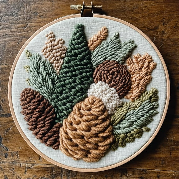 Punch Needle kits Abstract Pine Cones and Leaves Easy for Beginners DIY Punch Needle Yarn Starter Embroidery Set for Craft lovers with Printed Pattern and Hoop for Home Decor 20x20cm(1)