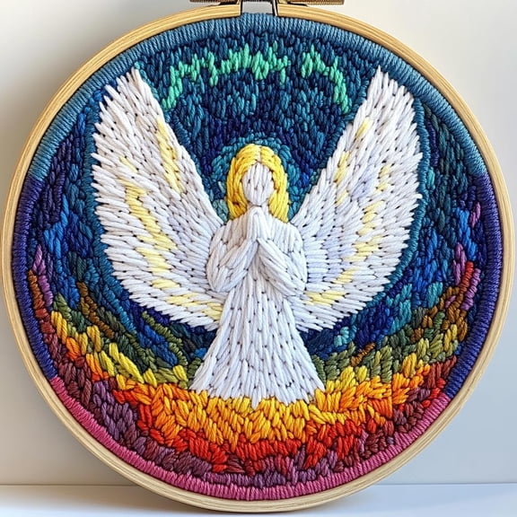 Punch Needle kits Abstract Praying Angel White Wing Easy for Beginners DIY Punch Needle Yarn Starter Embroidery Set for Craft lovers with Printed Pattern and Hoop for Home Decor 20x20cm(4)