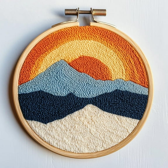 Punch Needle kits Abstract Sunset and Mountains Landscap Easy for Beginners DIY Punch Needle Yarn Starter Embroidery Set for Craft lovers with Printed Pattern and Hoop for Home Decor 20x20cm(1)