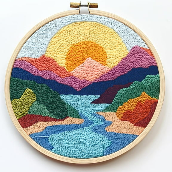 Punch Needle kits Abstract Sunset and Mountains River Scenery Easy for Beginners DIY Punch Needle Yarn Starter Embroidery Set for Craft lovers with Printed Pattern and Hoop for Home Decor 20x20cm(2)