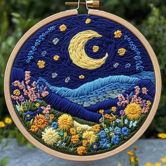 Punch Needle kits Beautiful Night Starry Moon Scenery Easy for Beginners DIY Punch Needle Yarn Starter Embroidery Set for Craft lovers with Printed Pattern and Hoop for Home Decor 20x20cm(1)