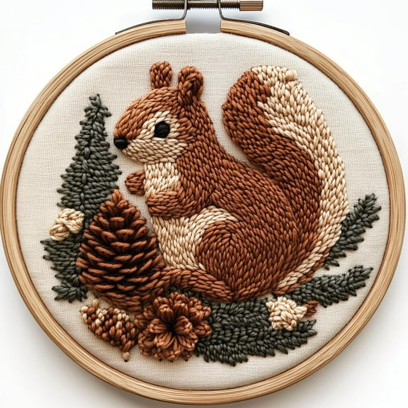 Punch Needle kits Brown Squirrel and Pine Cone Easy for Beginners DIY Punch Needle Yarn Starter Embroidery Set for Craft Lovers with Printed Pattern and Hoop for Home Decor 20x20cm(1)