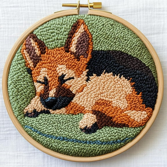 Punch Needle kits Cartoon Baby German Shepherd Sleeping on Sofa Easy for Beginners DIY Punch Needle Yarn Starter Embroidery Set for Craft lovers with Printed Pattern and Hoop for Home Decor 20x20cm