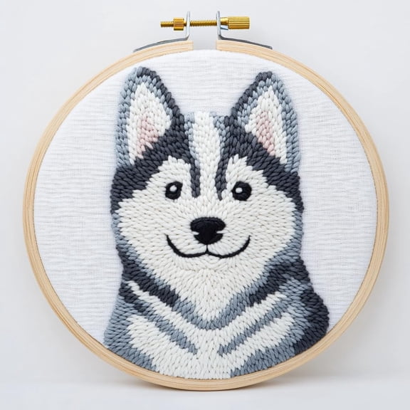 Punch Needle kits Cartoon Baby Husky Dog Easy for Beginners DIY Punch Needle Yarn Starter Embroidery Set for Craft lovers with Printed Pattern and Hoop for Home Decor 20x20cm(18)