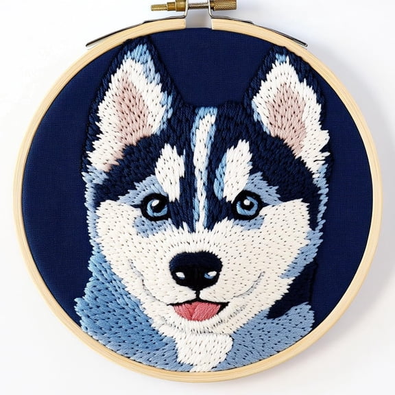 Punch Needle kits Cartoon Baby Husky Dog Easy for Beginners DIY Punch Needle Yarn Starter Embroidery Set for Craft lovers with Printed Pattern and Hoop for Home Decor 20x20cm(12)