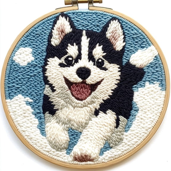 Punch Needle kits Cartoon Baby Husky Dog Runnning Easy for Beginners DIY Punch Needle Yarn Starter Embroidery Set for Craft lovers with Printed Pattern and Hoop for Home Decor 20x20cm(2)