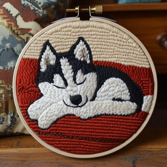 Punch Needle kits Cartoon Baby Husky Dog Sleep on Sofa Easy for Beginners DIY Punch Needle Yarn Starter Embroidery Set for Craft lovers with Printed Pattern and Hoop for Home Decor 20x20cm(1)