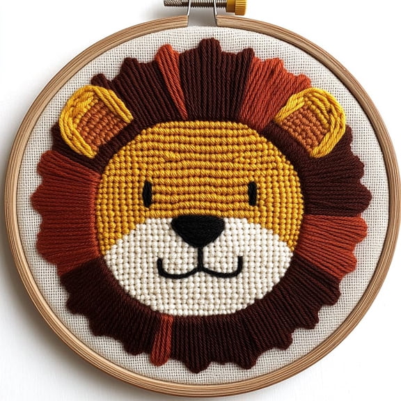 Punch Needle kits Cartoon Baby Lion Face Easy for Beginners DIY Punch Needle Yarn Starter Embroidery Set for Craft lovers with Printed Pattern and Hoop for Home Decor 20x20cm(1)