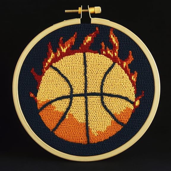 Punch Needle kits A Cartoon Basketball in Fire Easy for Beginners DIY Punch Needle Yarn Starter Embroidery Set for Craft lovers with Printed Pattern and Hoop for Home Decor 20x20cm