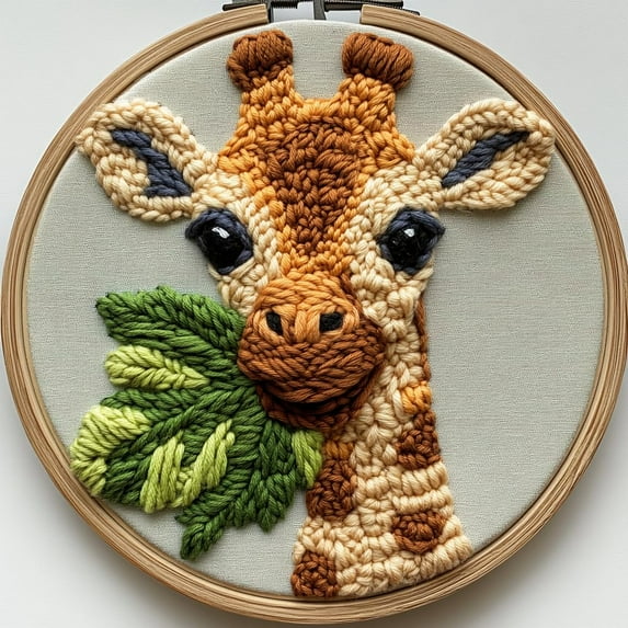 Punch Needle kits Cute Baby Giraffe Chewing Leaf Easy for Beginners DIY Punch Needle Yarn Starter Embroidery Set for Craft Lovers with Printed Pattern and Hoop for Home Decor 20x20cm(1)