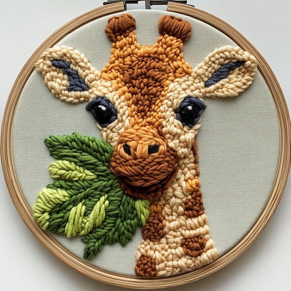 Punch Needle kits Cute Baby Giraffe Chewing Leaf Easy for Beginners DIY Punch Needle Yarn Starter Embroidery Set for Craft Lovers with Printed Pattern and Hoop for Home Decor 20x20cm(1)