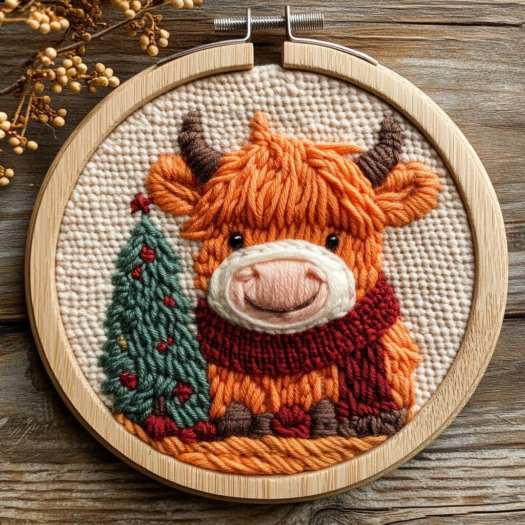 Punch Needle kits Cute Baby Orange Highland Cow Christmas Tree Easy for ...