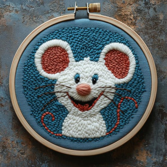 Punch Needle kits A Cute Cartoon Mouse Easy for Beginners DIY Punch Needle Yarn Starter Embroidery Set for Craft lovers with Printed Pattern and Hoop for Home Decor 20x20cm(1)