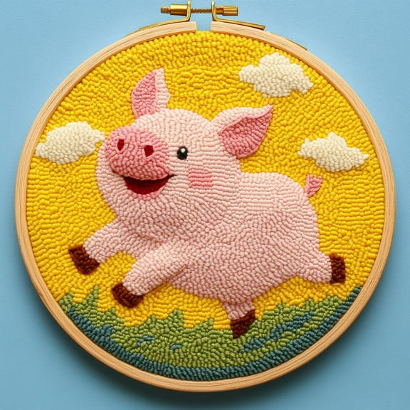 Punch Needle kits Cute Running Pig Easy for Beginners DIY Punch Needle Yarn Starter Embroidery Set for Craft Lovers with Printed Pattern and Hoop for Home Decor 20x20cm(5)