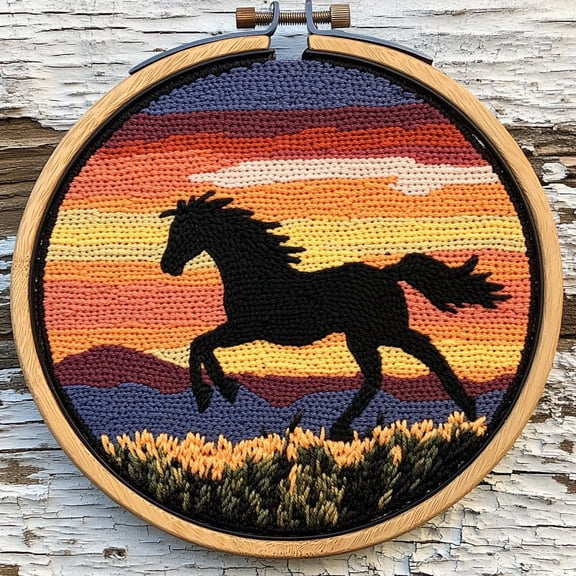 Punch Needle kits Horse Run under Sunset Silhouette Easy for Beginners DIY Punch Needle Yarn Starter Embroidery Set for Craft Lovers with Printed Pattern and Hoop for Home Decor 20x20cm-1
