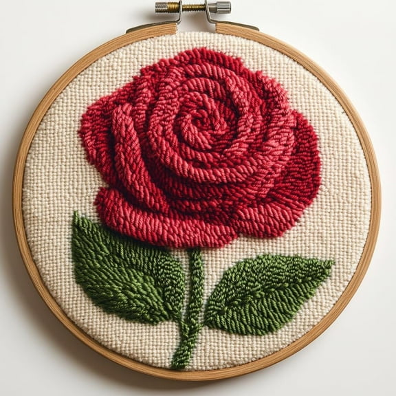 Punch Needle kits A Red Rose With Green Leaf Easy for Beginners DIY Punch Needle Yarn Starter Embroidery Set for Craft lovers with Printed Pattern and Hoop for Home Decor 20x20cm(1)