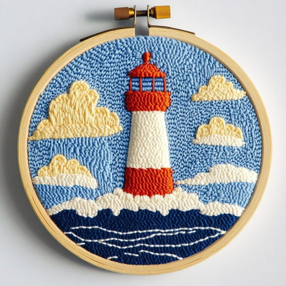 Punch Needle kits Sea Lighthouse Easy for Beginners DIY Punch Needle Yarn Starter Embroidery Set for Craft Lovers with Printed Pattern and Hoop for Home Decor 20x20cm(1)