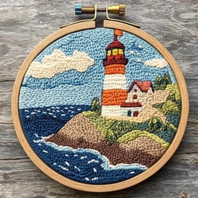 Punch Needle kits Sea Lighthouse Easy for Beginners DIY Punch Needle Yarn Starter Embroidery Set for Craft Lovers with Printed Pattern and Hoop for Home Decor 20x20cm(2)