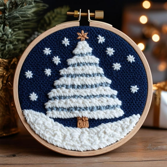 Punch Needle kits A White Christmas Tree Easy for Beginners DIY Punch Needle Yarn Starter Embroidery Set for Craft lovers with Printed Pattern and Hoop for Home Decor 20x20cm