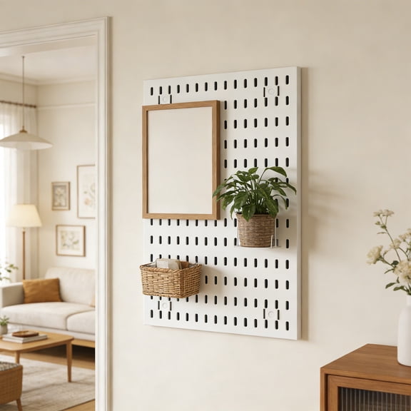 No Punch Pegboard Wall Mount Storage Rack – Multi Functional Drains Basket Organizer for Kitchen Bathroom Garage Office with Hooks, Durable Plastic White