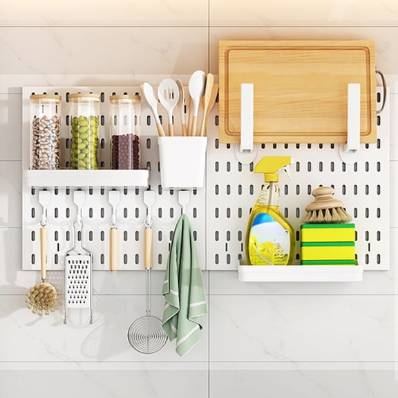 No Punch Pegboard Wall Organizer with Draining Basket, Self Adhesive Wall Mounted Storage Rack Set with Hooks and Shelves for Kitchen, Bathroom, Garage