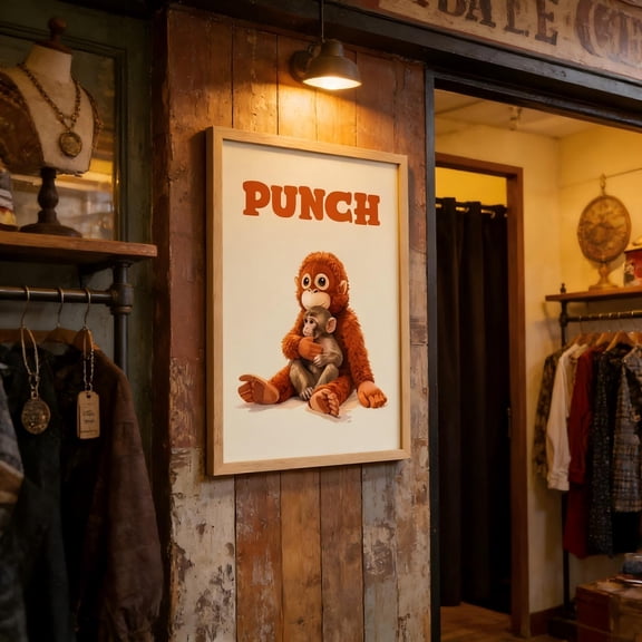 Punch Poster Cute Monkey Illustration Canvas Wall Art Vintage Animal Print for Living Room Bedroom Home Decoration Nursery Wall Decor Gift Idea (12LX8" W)