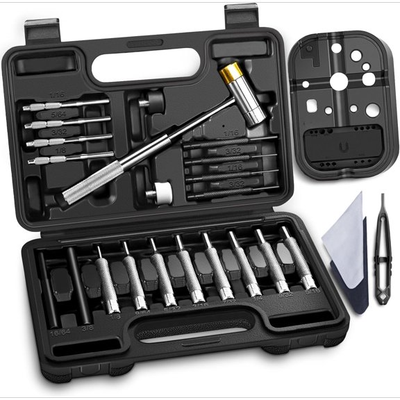 Punch Set, Pin Punches, Punch Tool, Roll Pin Punch Set, Made of High Quality Metal Material Including Punches and Hammer, Mechanical Repair Tool, with Organizer Storage Box (with Bench Block)