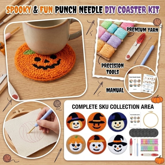 Punch Stitching Kit for Adults, 6Pcs Cute Halloween Witch and Halloween Pumpkin Coaster Diy Material Pack, Beginner Embroidery Kit for Adults, Halloween Craft Supplies to Make