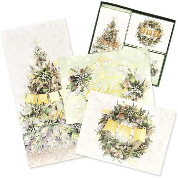 Punch Studio Card Trio Set, Winter Greens Wreath Christmas Tree Happy Holidays