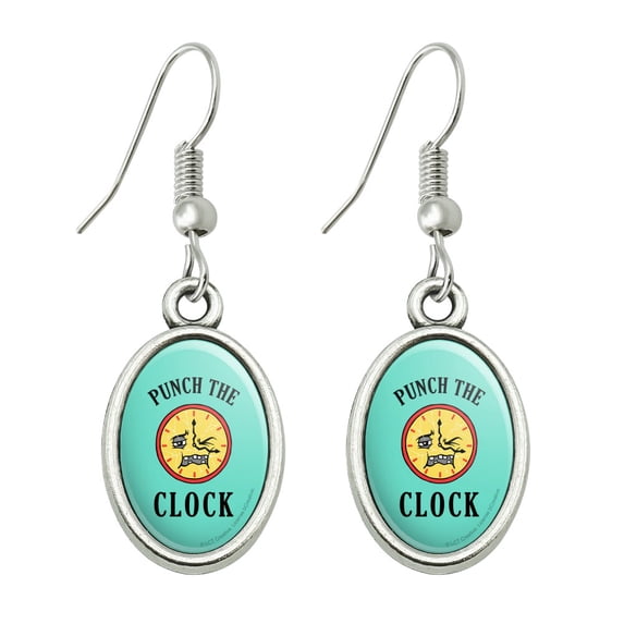 Punch The Clock Funny Humor Novelty Dangling Drop Oval Charm Earrings