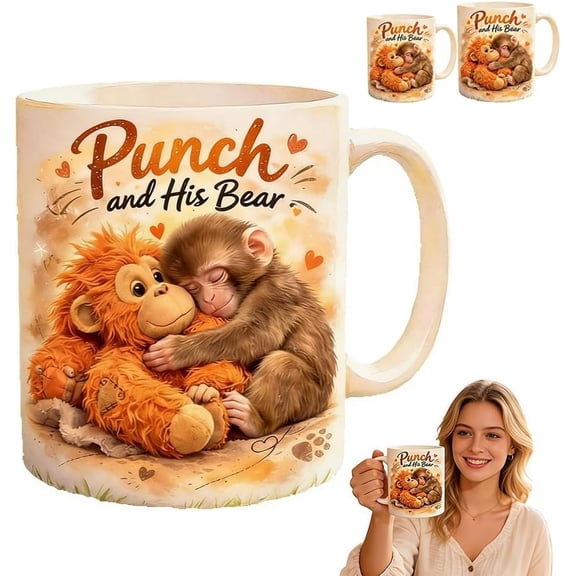 Punch and His Bear Ceramic Coffee Mug, Cute Sleeping Monkey Hugging Teddy Bear Tea Cup, Heartwarming Animal Illustration Gift for Kids Friends