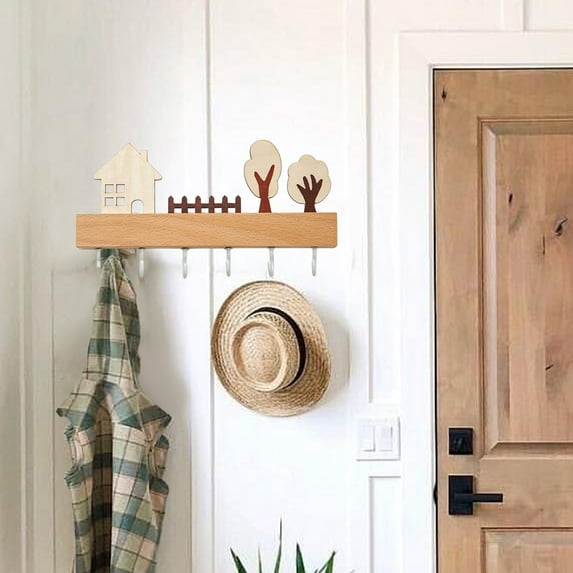 Punch-free Wooden Key Hook, Cartoon Wall-mounted Storage Rack for Home, Entryway, Cute Khaki Decor, Easy Installation, Durable Solid Wood Organizer for Keys & Small Items