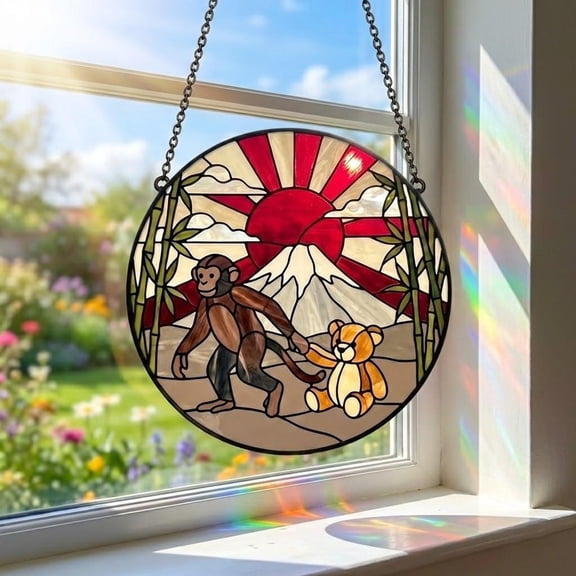 Punch the Monkey Glass Suncatcher, Monkey and Teddy Bear Art, Japanese Rising Sun Window Hanging, Mount Fuji Decor, 3.5 in