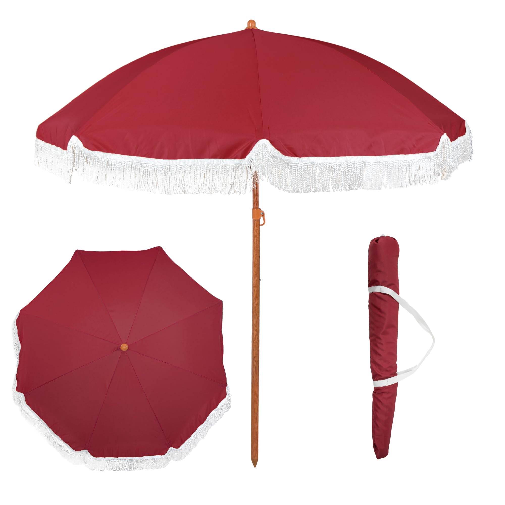 Punchau 6 Ft Fringe Patio Umbrella - Outdoor Umbrella for Patio, Pool, Table, Garden, Deck, & Beach - Push Button Tilt Pole - Fashionable Boho Vintage Tassels & Wood Print - Wine Red