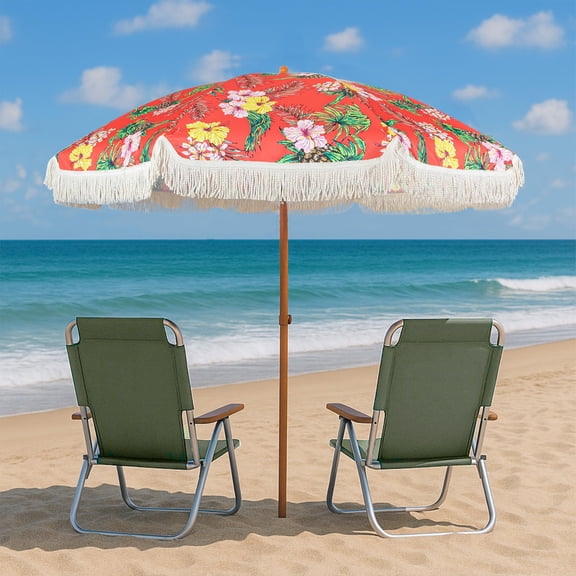 Punchau 6 Ft Fringe Patio Umbrella - Outdoor Umbrella for Patio, Pool, Table, Garden, Deck, & Beach - Push Button Tilt Pole - Fashionable Boho Vintage Tassels & Wood Print - Red Tropical