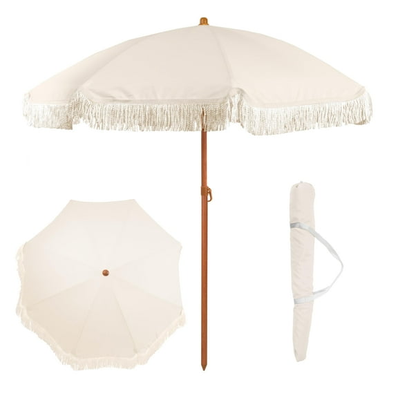 Punchau 6 Ft Fringe Patio Umbrella - Tan Outdoor Umbrella for Patio, Pool, Table, Garden, Deck, and Beach - Push Button Tilt Pole - Fashionable Boho Vintage Tassels and Wood Print