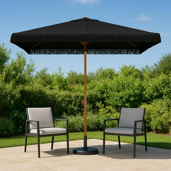 Punchau 6 Ft Square Fringe Patio Umbrella - Outdoor Umbrella for Patio, Pool, Table, Garden, Deck, & Beach - Fashionable Boho Vintage Tassels & Wood Print - Black